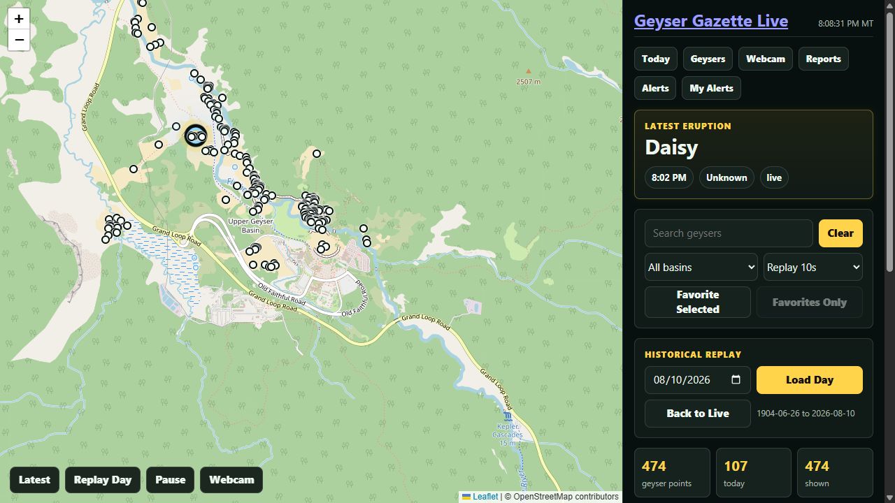 Preview of the Geyser Gazette live Yellowstone geyser map